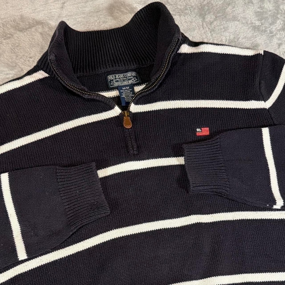 90s Vintage Ralph Lauren RL USA Flag Quarter Zip Sweater | Navy Stripe | Medium